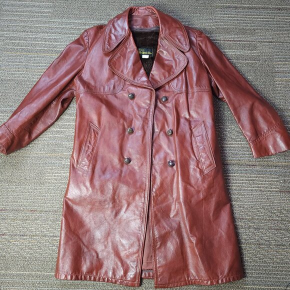 Vintage 70s Mens Sears Long Leather Red Coat Winter Lining (L-40) - Picture 5 of 12